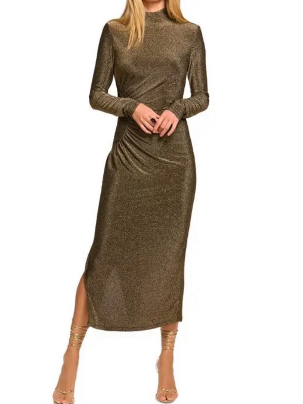 Ramy Brook Amarilys Midi Metallic Long Sleeve Mock Neck Dress NWT